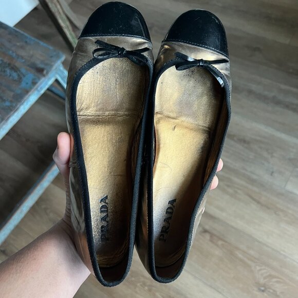 Vintage Prada Linea Rossa Black and Gold Ballet Flats, Sz 38 - Picture 1 of 5